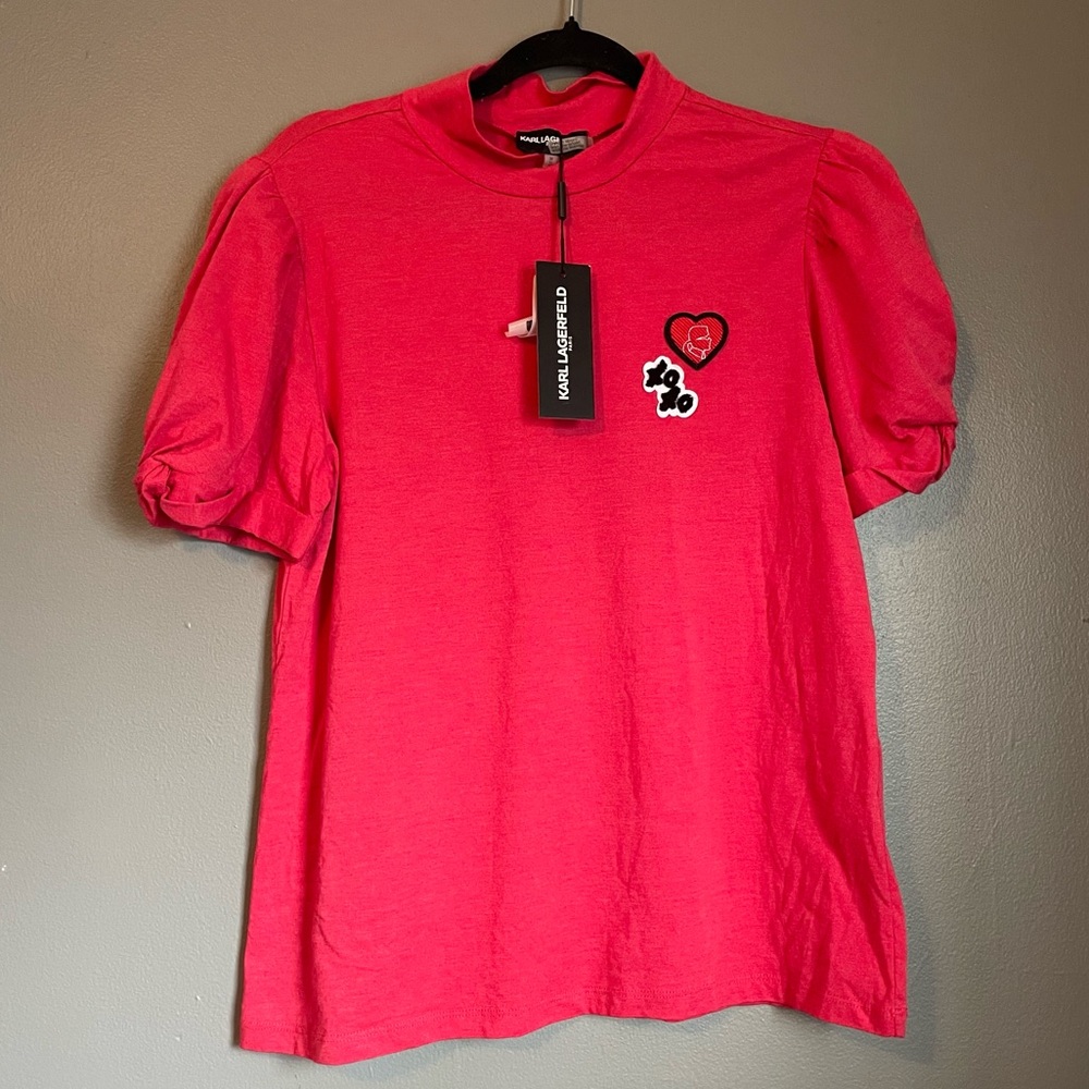 NWT Karl Lagerfeld Sz Med Women’s Red Short Twist Sleeve Patch Logo Top Rt $59